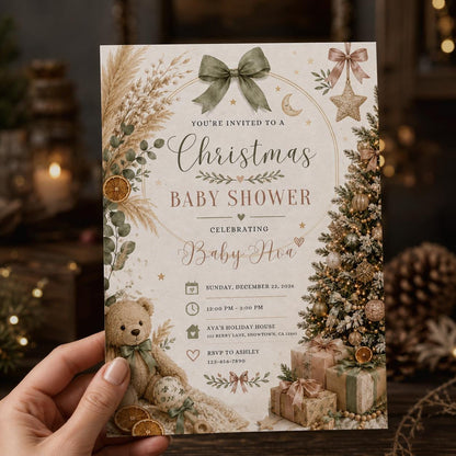 Beige and Neutral Christmas Baby Shower Invitation — invitation you personalize in Canva
