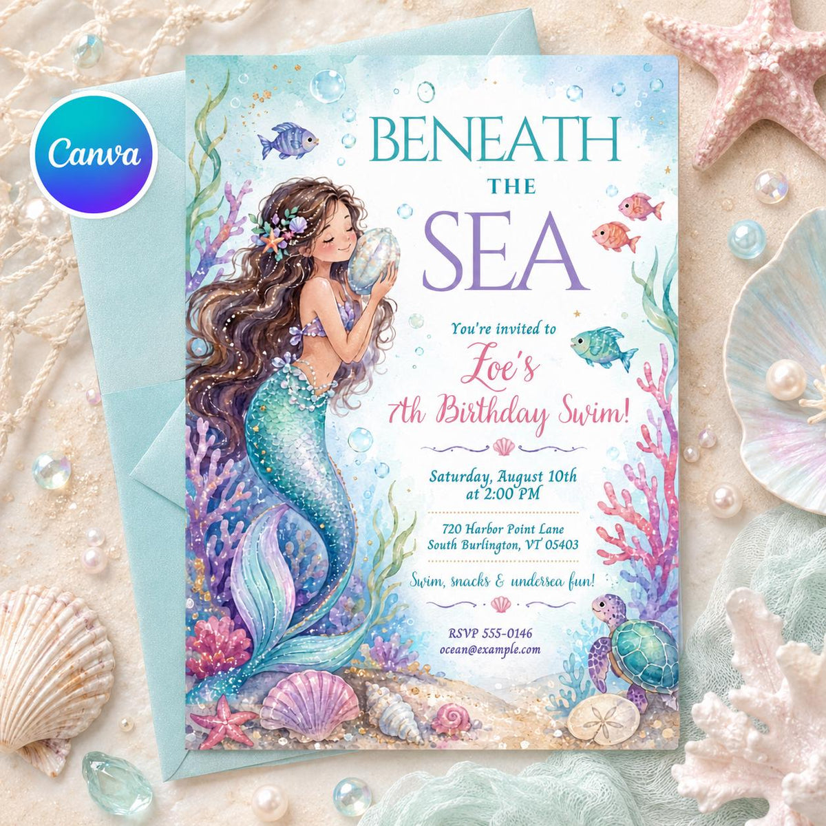 Beneath the Sea Mermaid 7th Birthday Invitation — editable Canva template