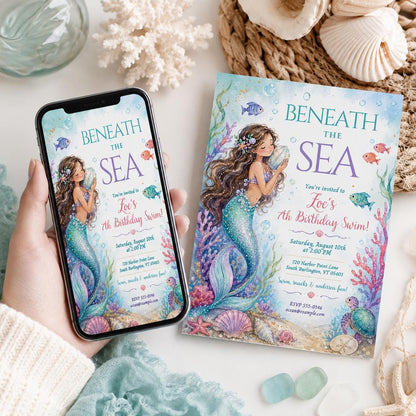 Beneath the Sea Mermaid 7th Birthday Invitation in purple and teal