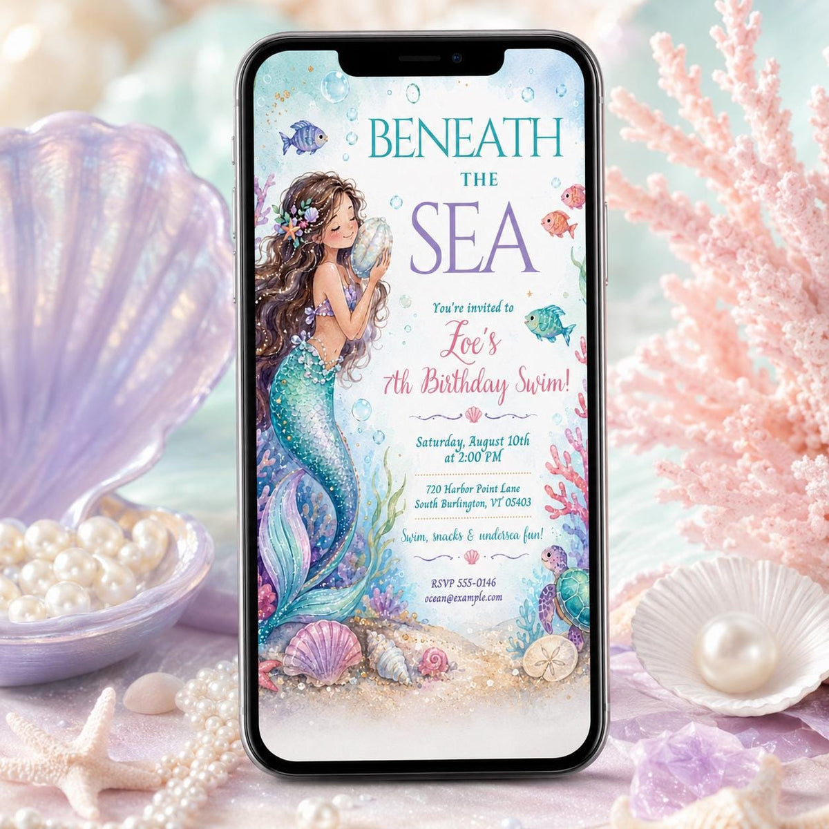 Beneath the Sea Mermaid 7th Birthday Invitation — invitation you personalize in Canva