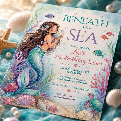 Beneath the Sea Mermaid 7th Birthday Invitation — print-ready 7th birthday party design from VoltBy