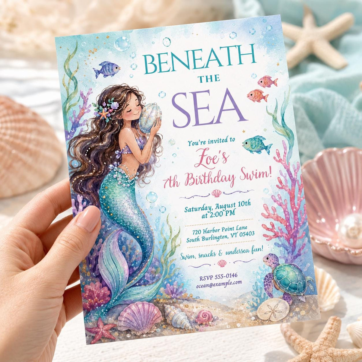 Beneath the Sea Mermaid 7th Birthday Invitation — digital invitation, instant download