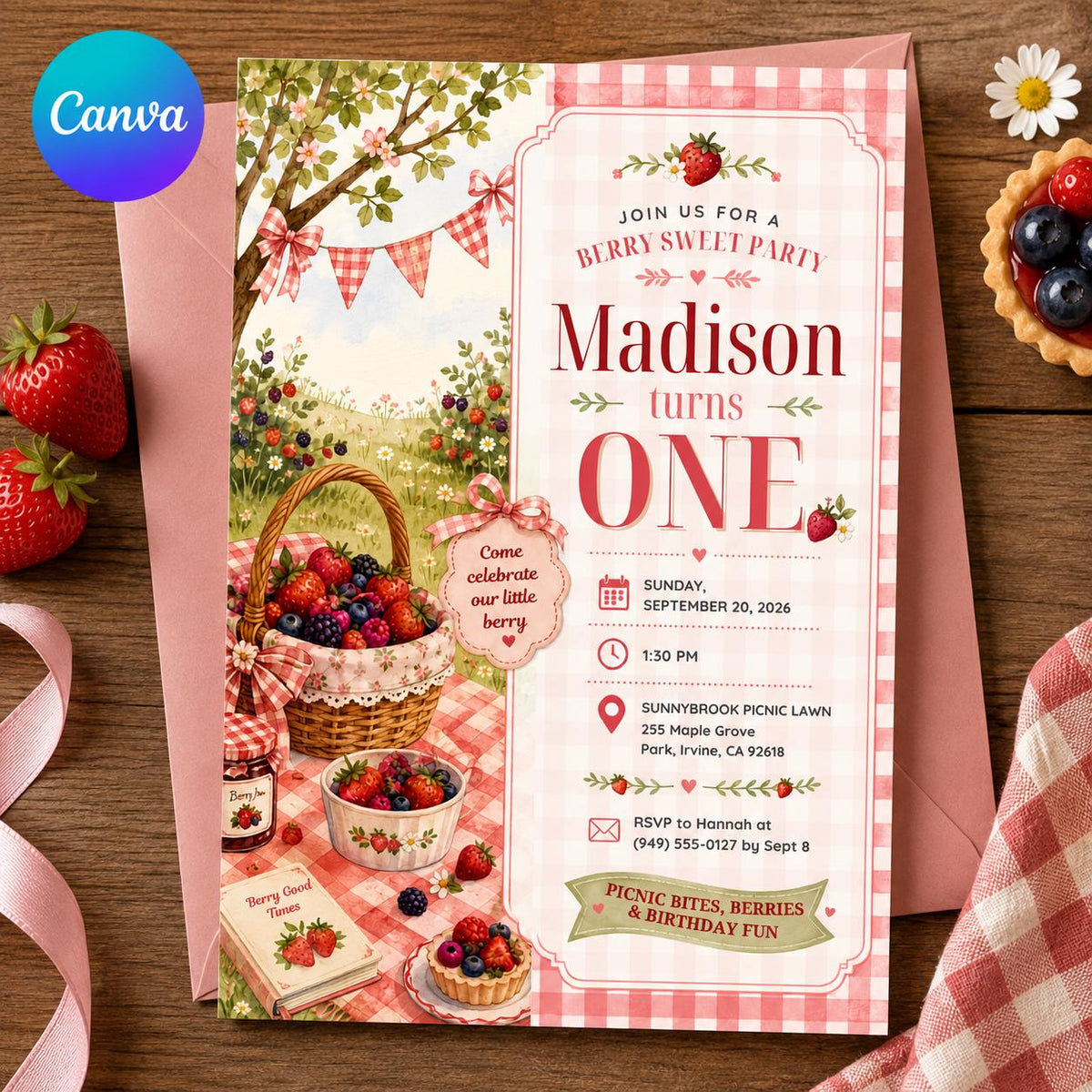 Berry Picnic Garden First Birthday Invitation — editable Canva template