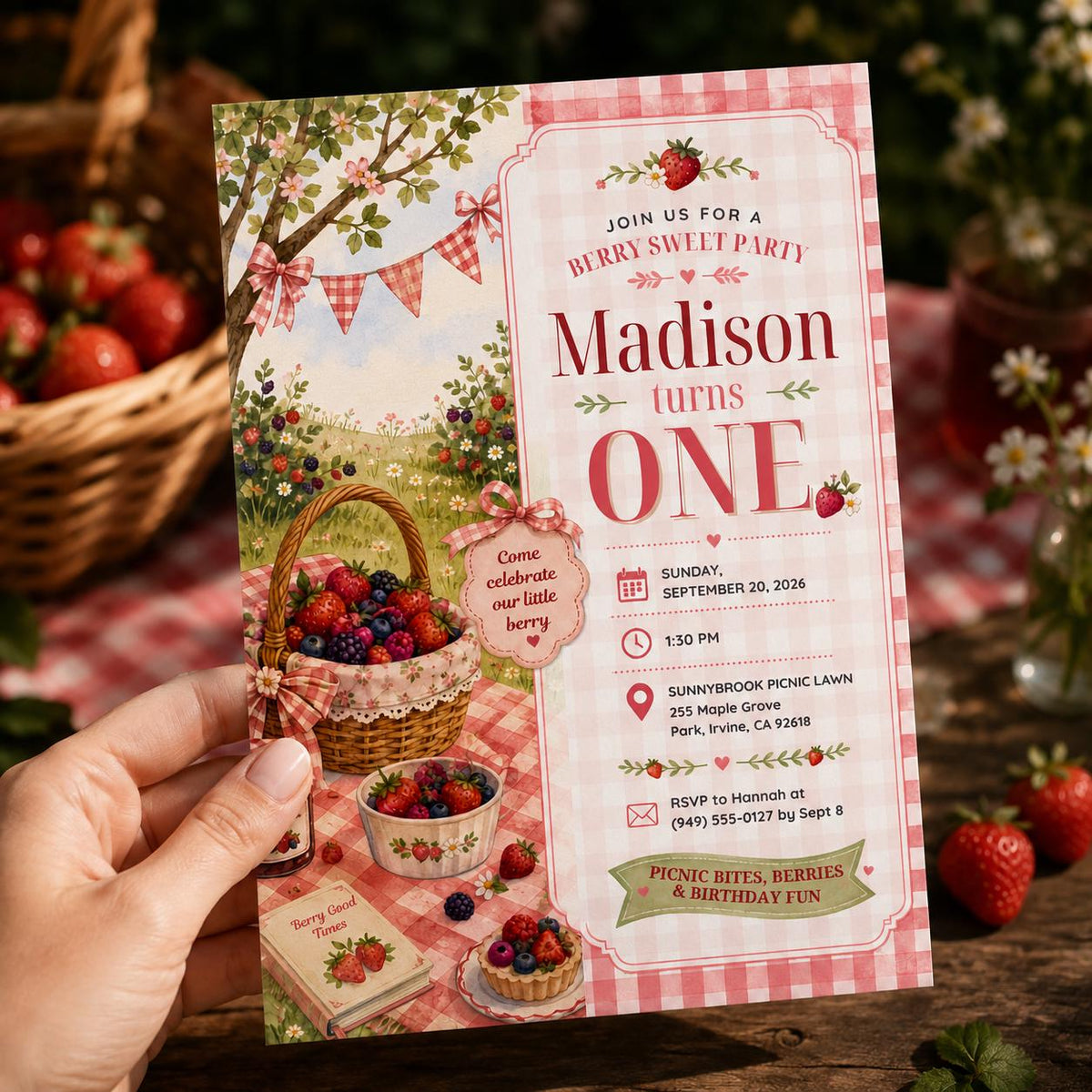 Berry Picnic Garden First Birthday Invitation — invitation you personalize in Canva