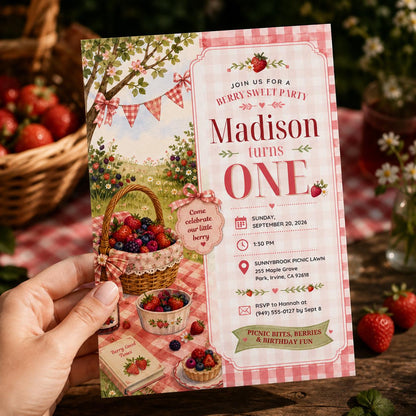 Berry Picnic Garden First Birthday Invitation — invitation you personalize in Canva