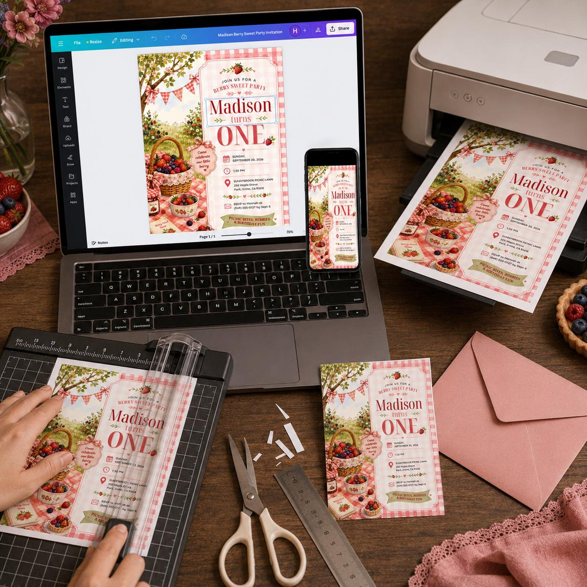 Berry Picnic Garden First Birthday Invitation — gingham first birthday design