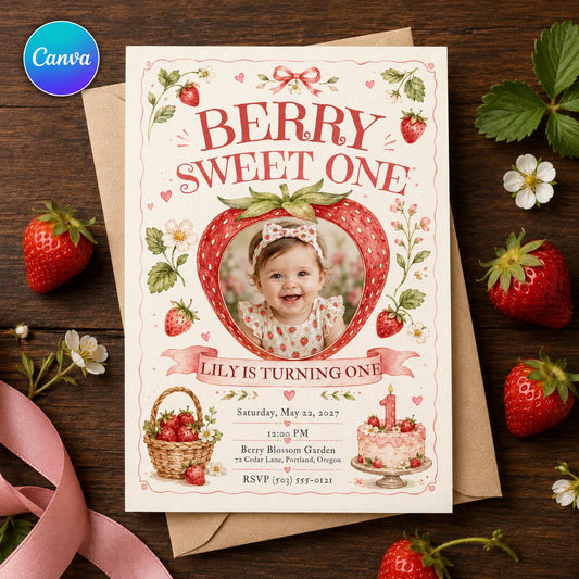 Berry Sweet One Strawberry Photo Birthday Invitation for Girls — editable Canva template