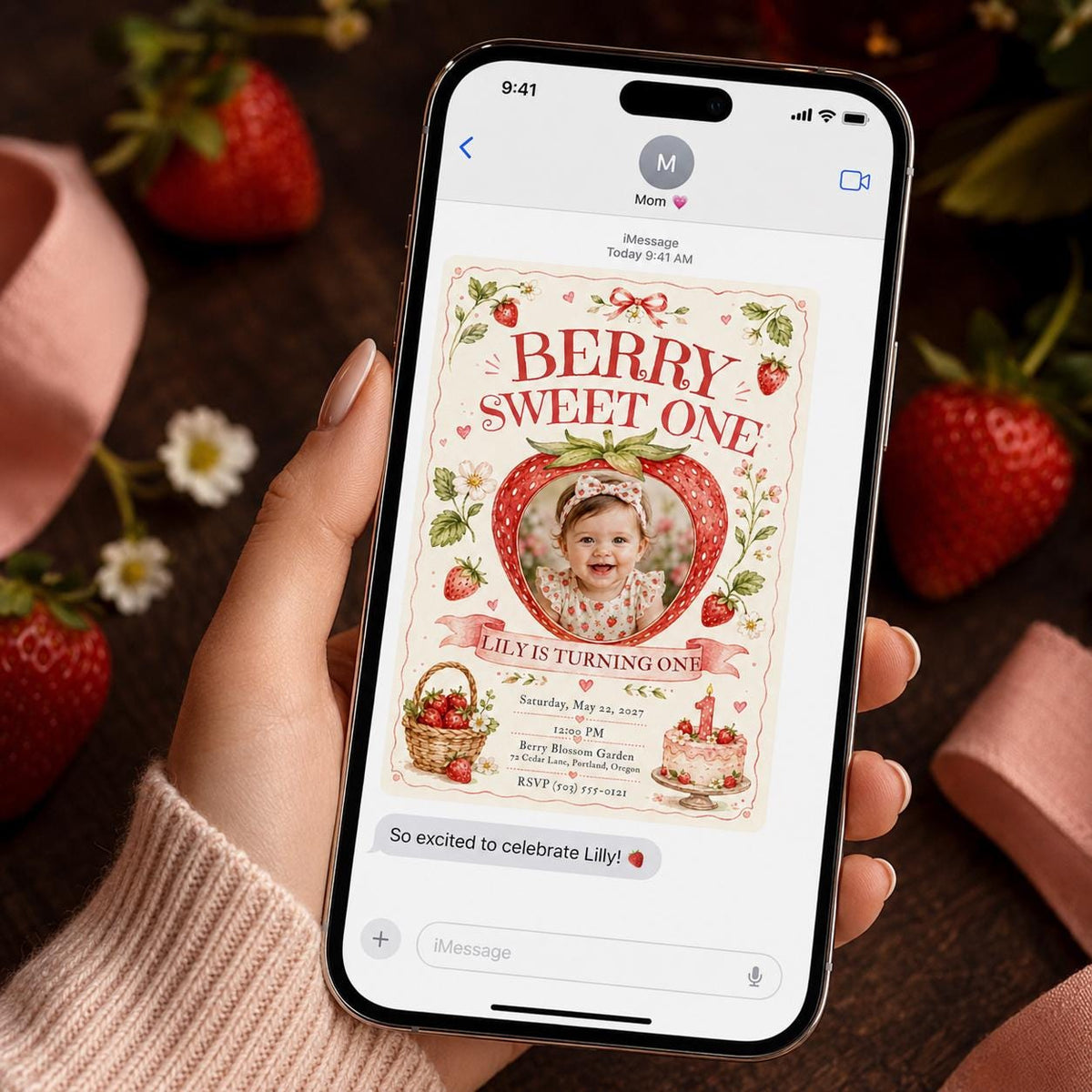 Berry Sweet One Strawberry Photo Birthday Invitation for Girls in pink and red