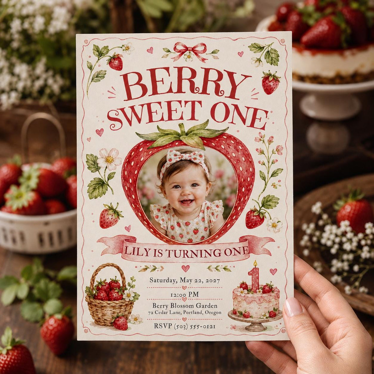 Berry Sweet One Strawberry Photo Birthday Invitation for Girls — garden design