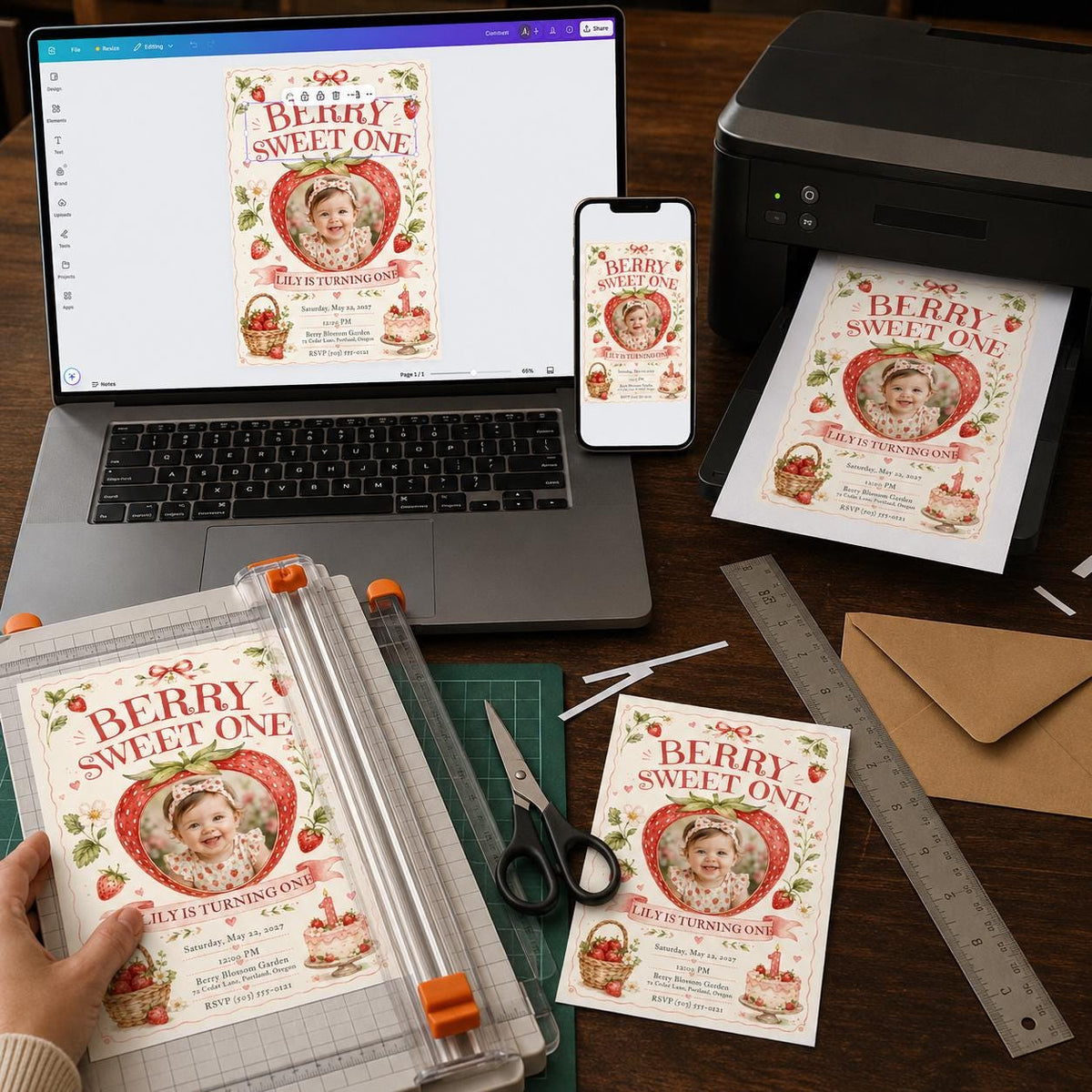 Berry Sweet One Strawberry Photo Birthday Invitation for Girls — invitation you personalize in Canva