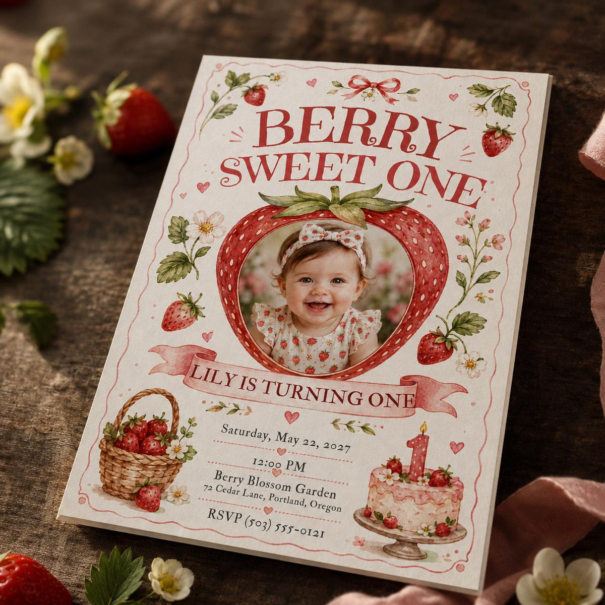 Berry Sweet One Strawberry Photo Birthday Invitation for Girls — garden artwork in pink and red