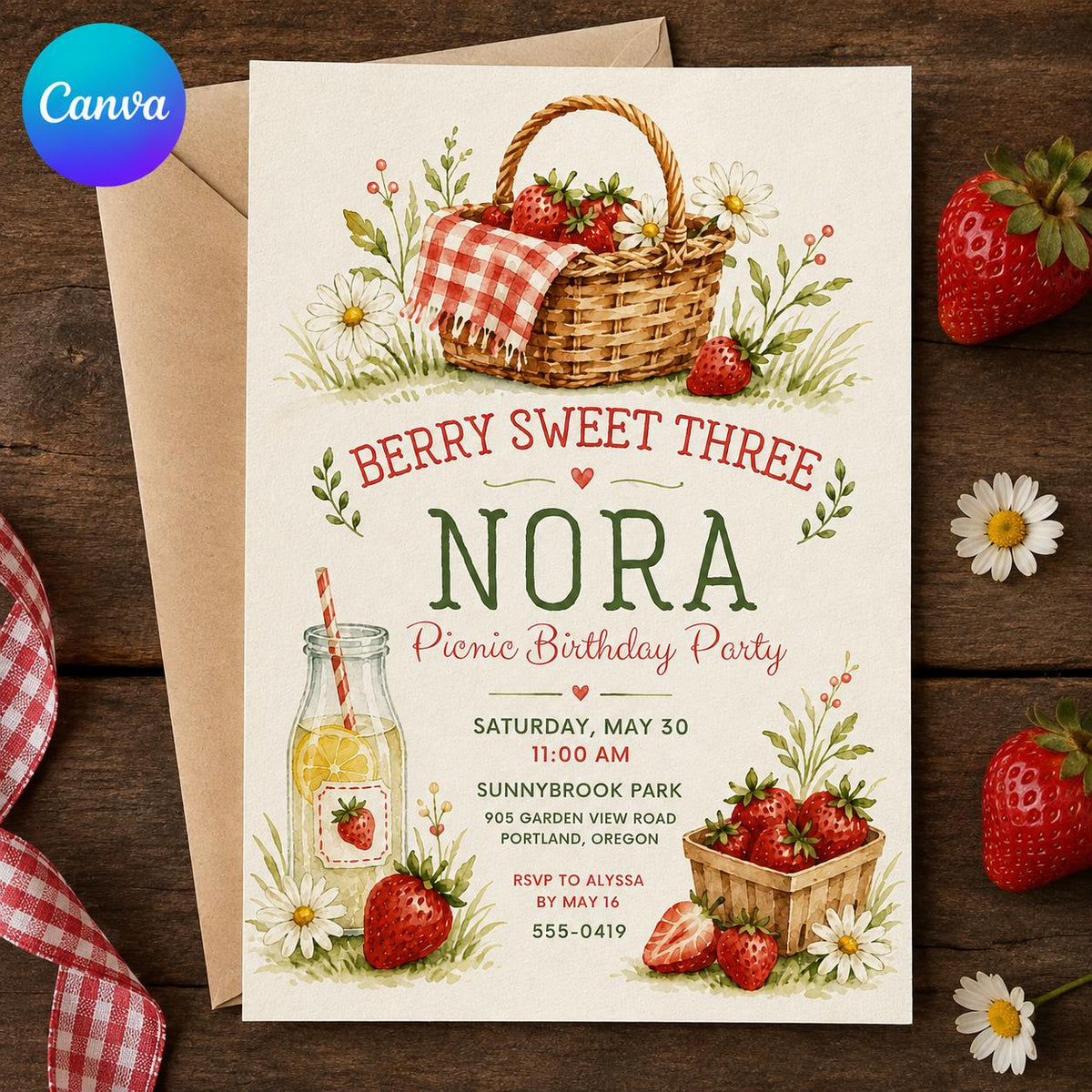 Berry Sweet Three 3rd Birthday Invitation — editable Canva template