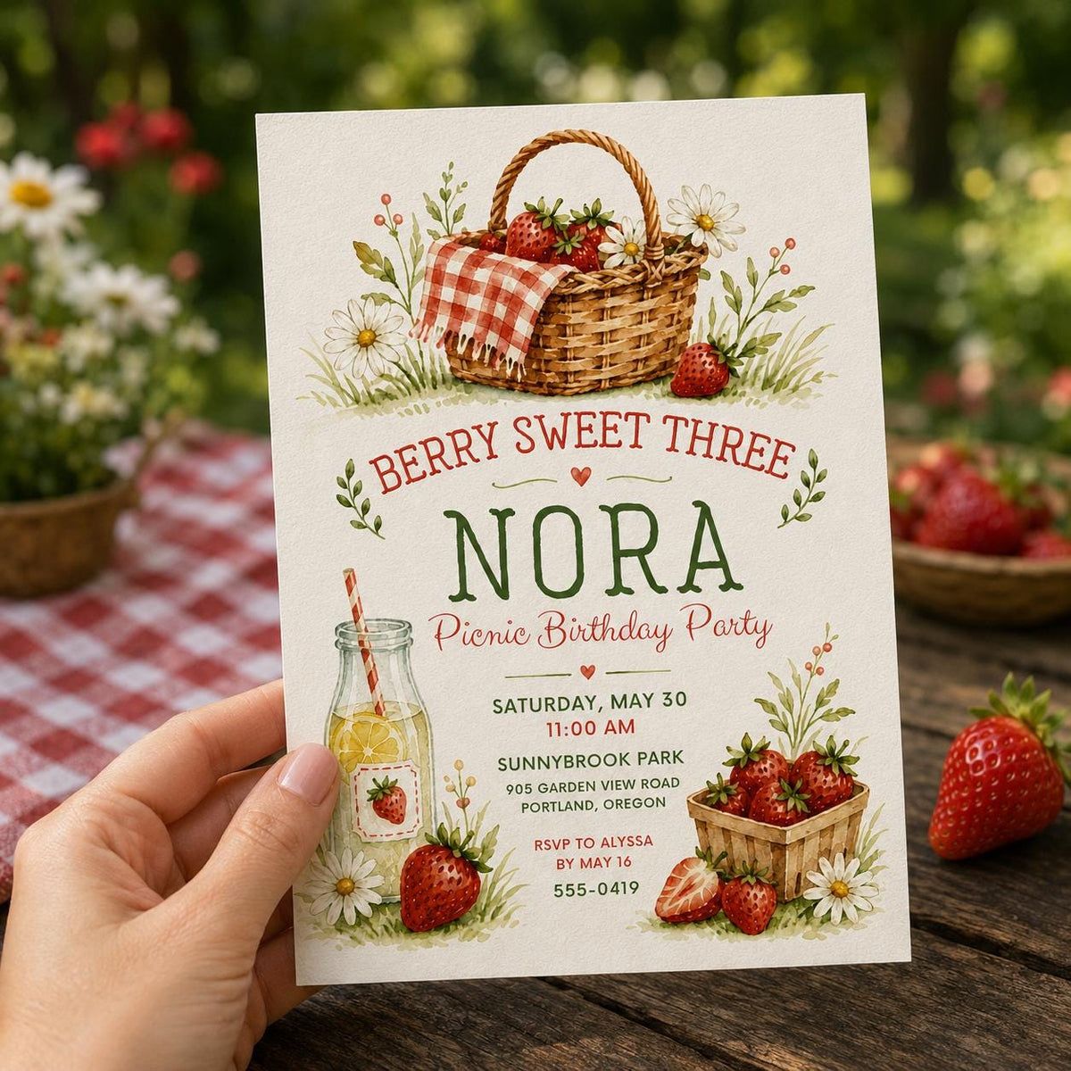 Berry Sweet Three 3rd Birthday Invitation — invitation you personalize in Canva