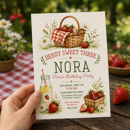 Berry Sweet Three 3rd Birthday Invitation — invitation you personalize in Canva