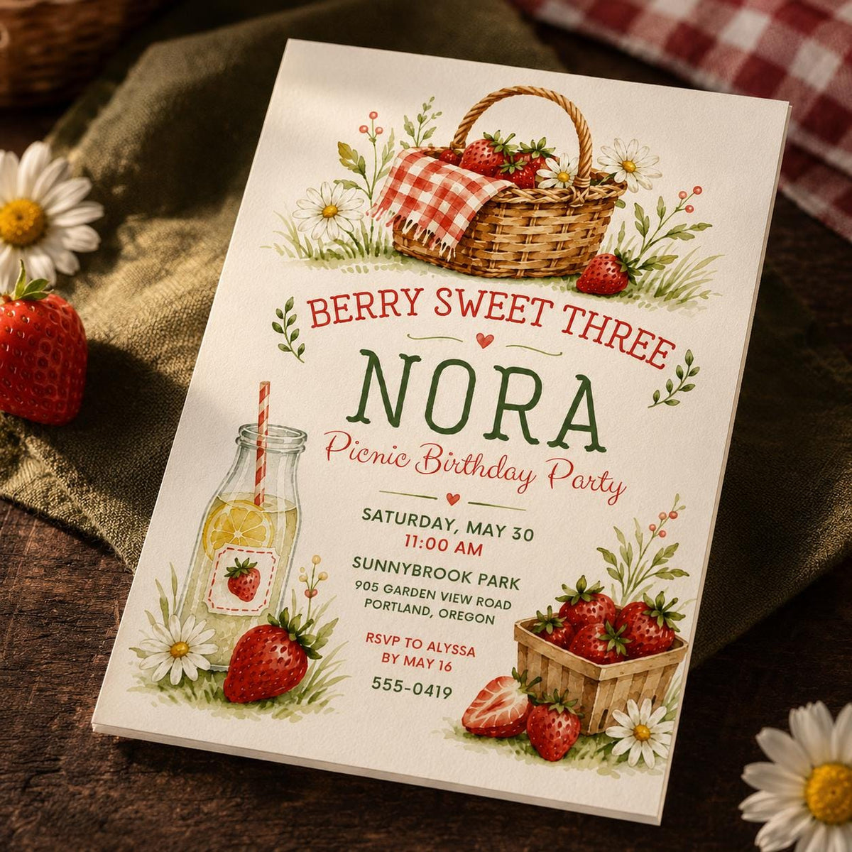 Berry Sweet Three 3rd Birthday Invitation — digital invitation, instant download