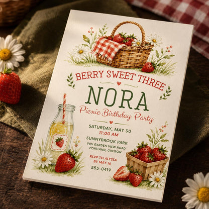 Berry Sweet Three 3rd Birthday Invitation — digital invitation, instant download