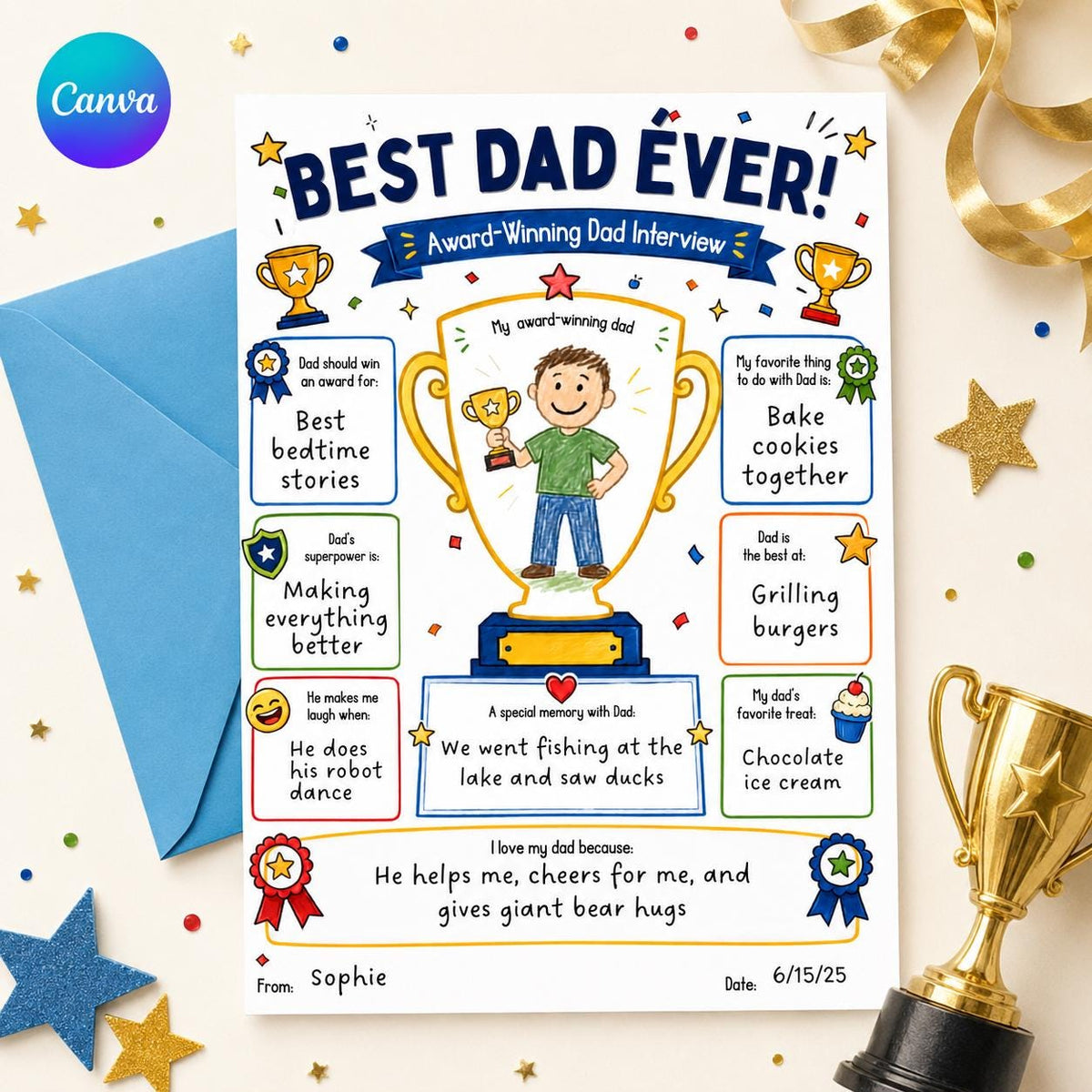 Best Dad Ever Award Interview Worksheet — editable Canva template