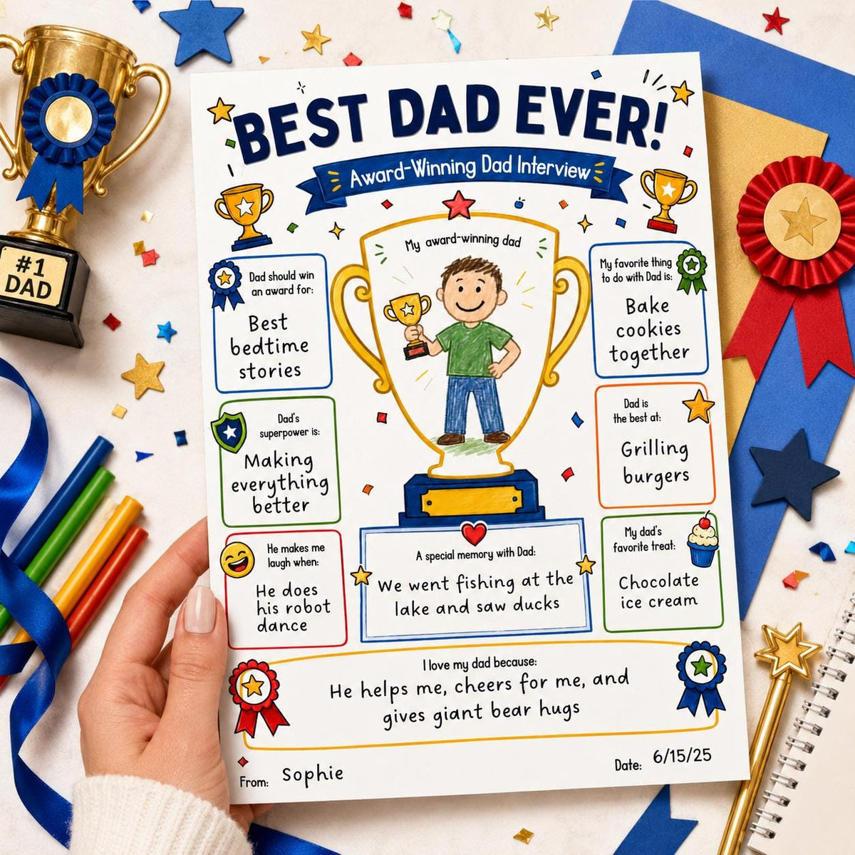 Best Dad Ever Award Interview Worksheet in blue and gold