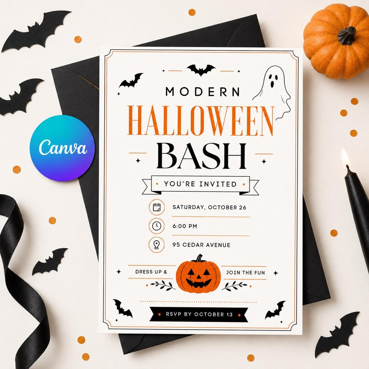 Black and Orange Modern Halloween Party Invitation — editable Canva template