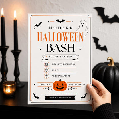 Black and Orange Modern Halloween Party Invitation — ghost pumpkin design