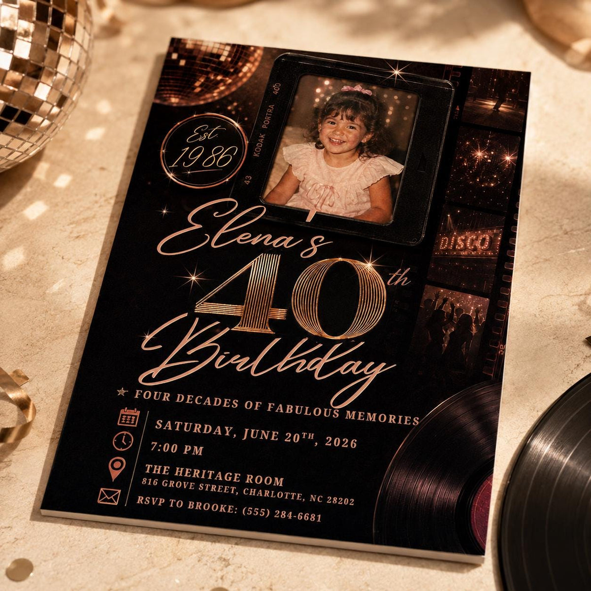 Black and Rose Gold 40th Birthday Photo Invitation — disco 40th birthday party design