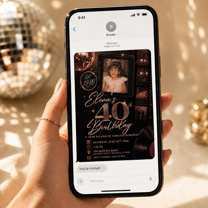 Black and Rose Gold 40th Birthday Photo Invitation — print-ready 40th birthday party design from VoltBy