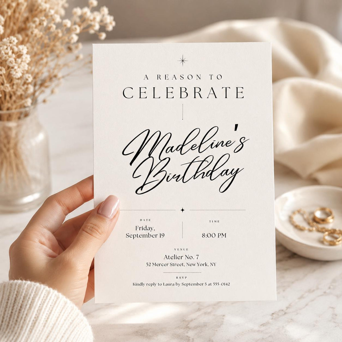 Black and White A Reason To Celebrate Birthday Invitation — elegant birthday party design