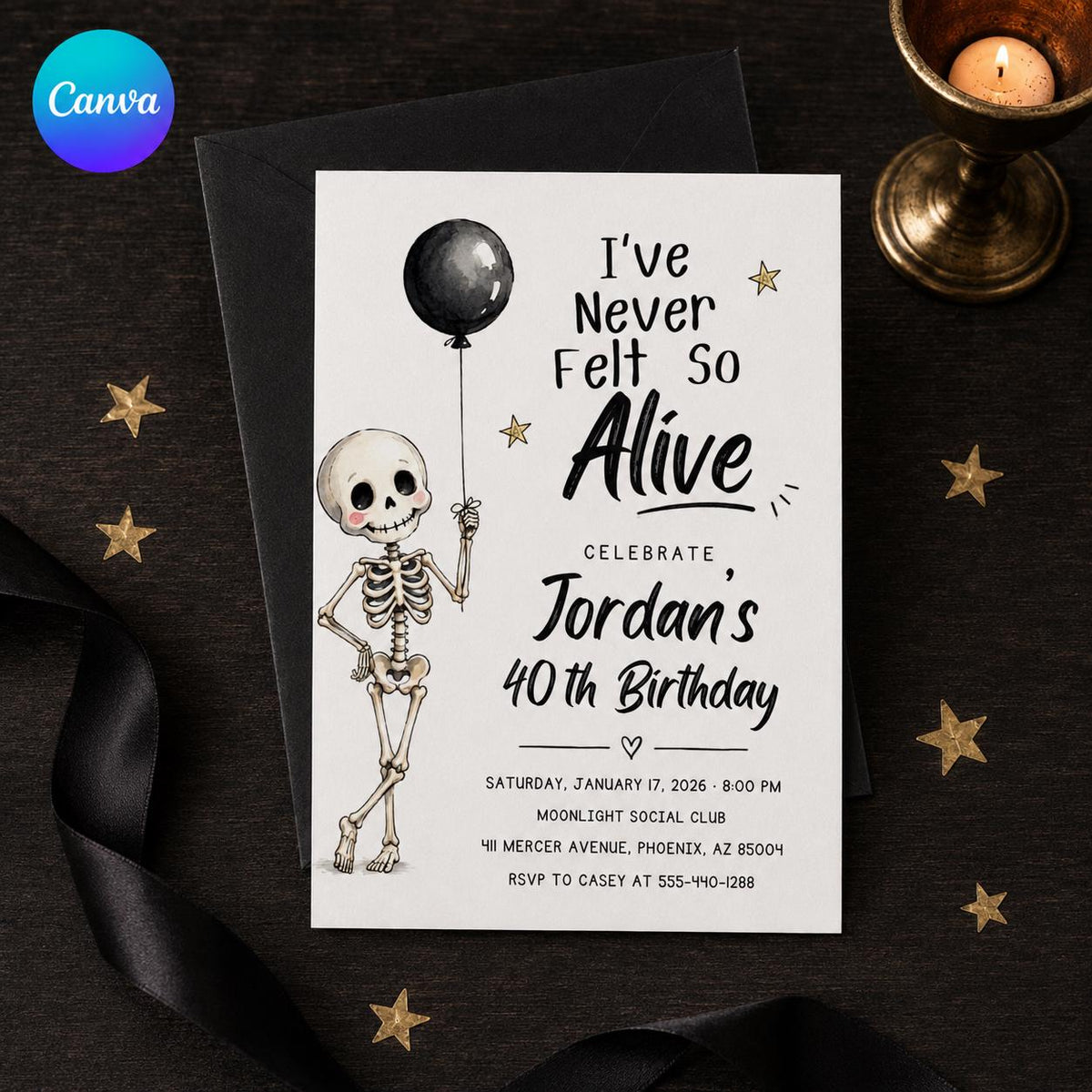 Black and White Funny 40th Birthday Invitation — editable Canva template