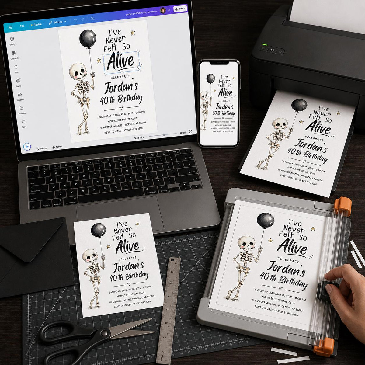 Black and White Funny 40th Birthday Invitation — skeleton design