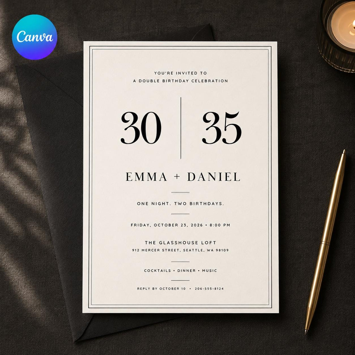 Black and White Joint Birthday Invitation — editable Canva template
