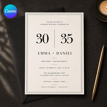 Black and White Joint Birthday Invitation — editable Canva template