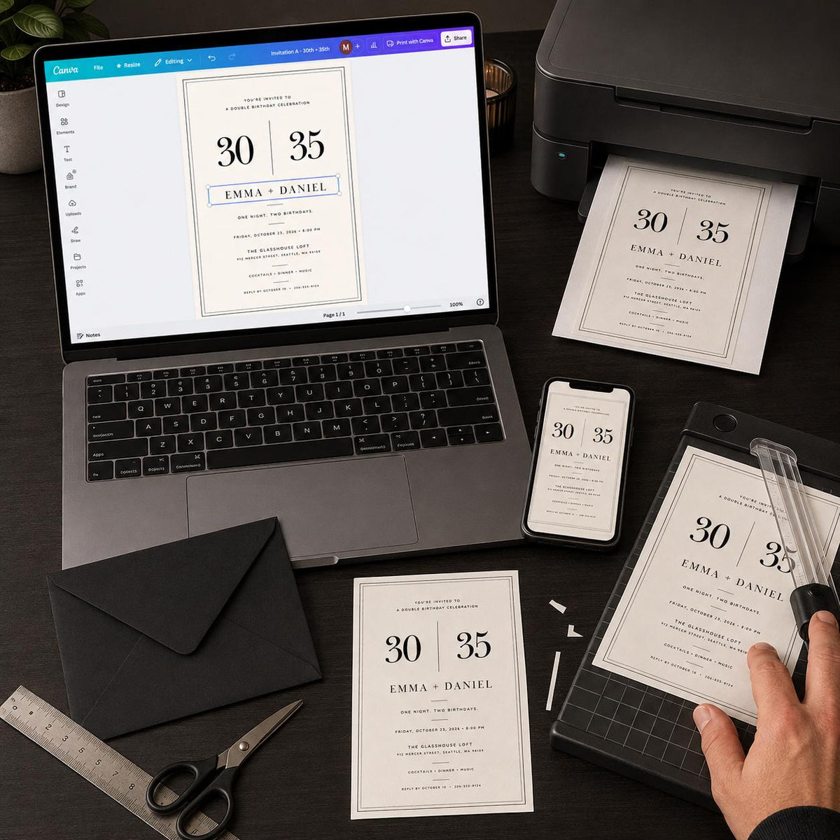 Black and White Joint Birthday Invitation — print-ready 30th birthday party design from VoltBy