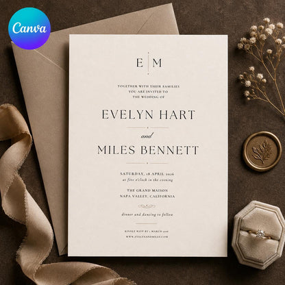 Black and White Minimalist Wedding Invitation — editable Canva template