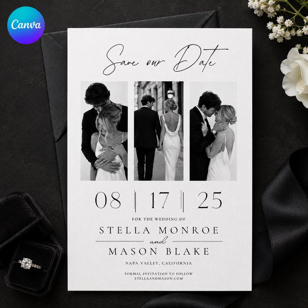 Black and White Three-Photo Wedding Save the Date — editable Canva template