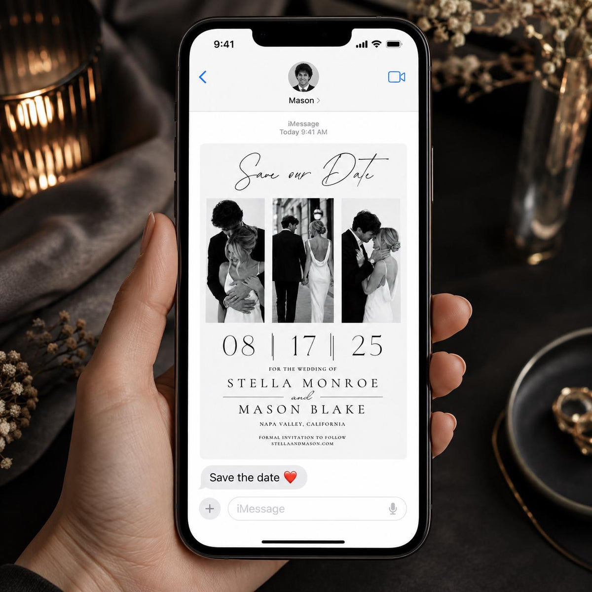 Black and White Three-Photo Wedding Save the Date — announcement card you personalize in Canva