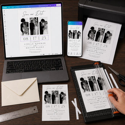 Black and White Three-Photo Wedding Save the Date — digital announcement card, instant download