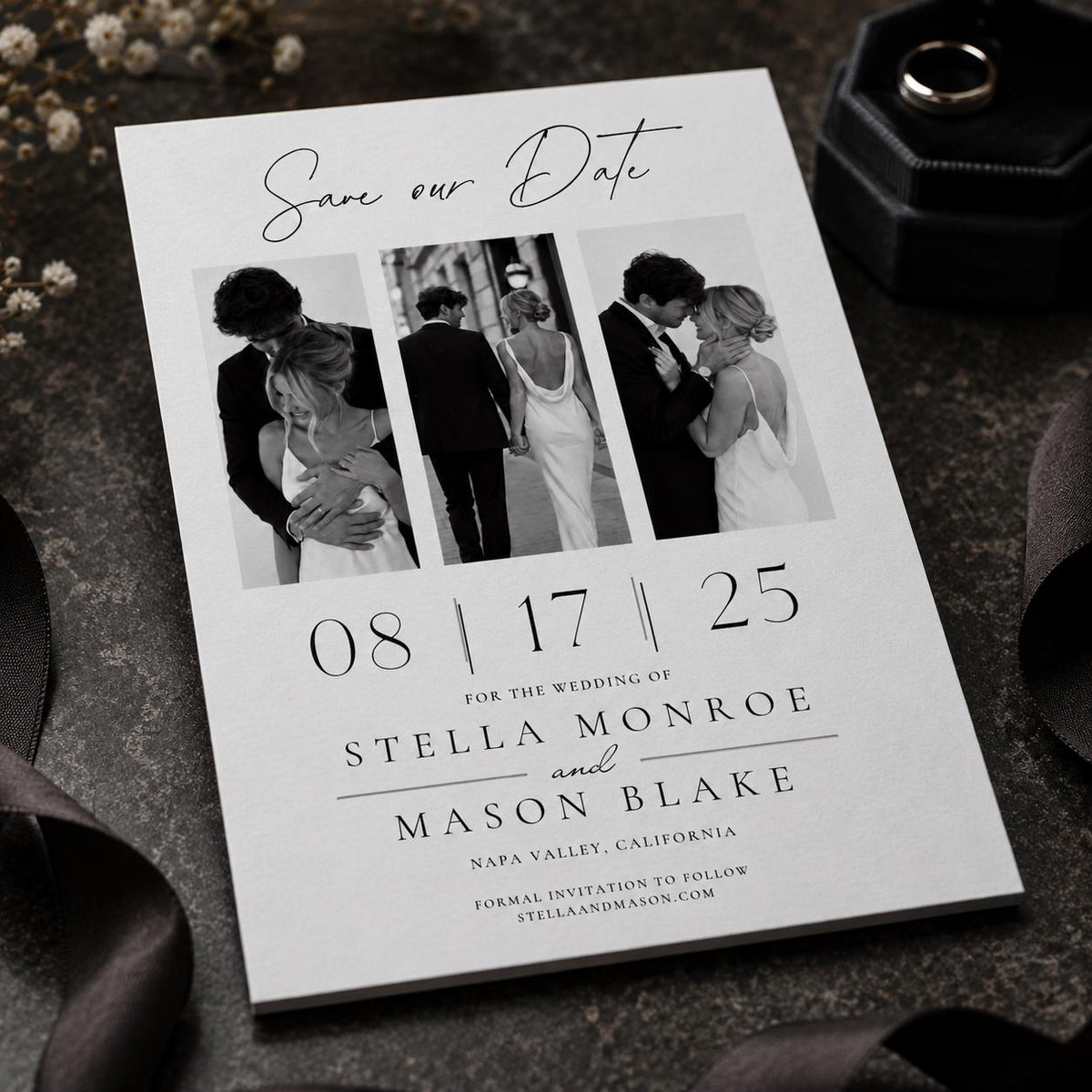 Black and White Three-Photo Wedding Save the Date — wedding stationery by VoltBy