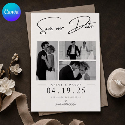 Black and White Wedding Collage Save the Date — editable Canva template