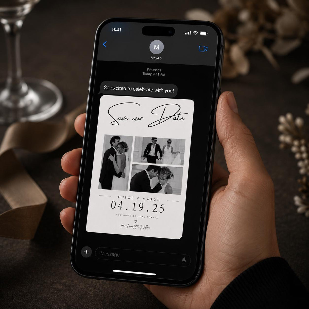 Black and White Wedding Collage Save the Date — announcement card you personalize in Canva