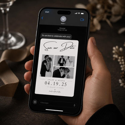Black and White Wedding Collage Save the Date — announcement card you personalize in Canva