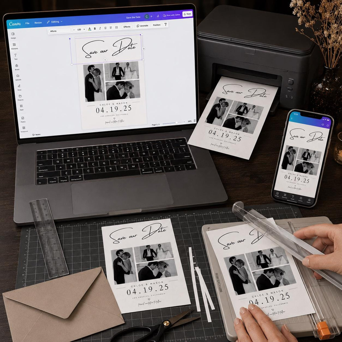 Black and White Wedding Collage Save the Date — digital announcement card, instant download