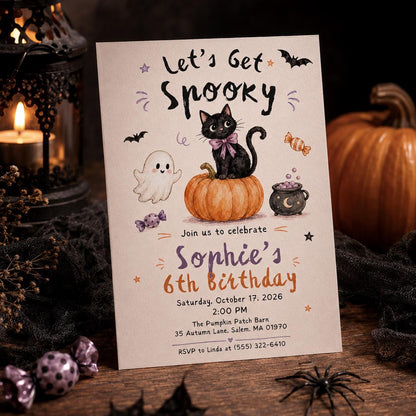 Black Cat and Pumpkin Spooky Birthday Invitation — print-ready birthday party design from VoltBy