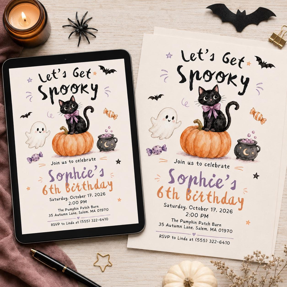 Black Cat and Pumpkin Spooky Birthday Invitation — digital invitation, instant download