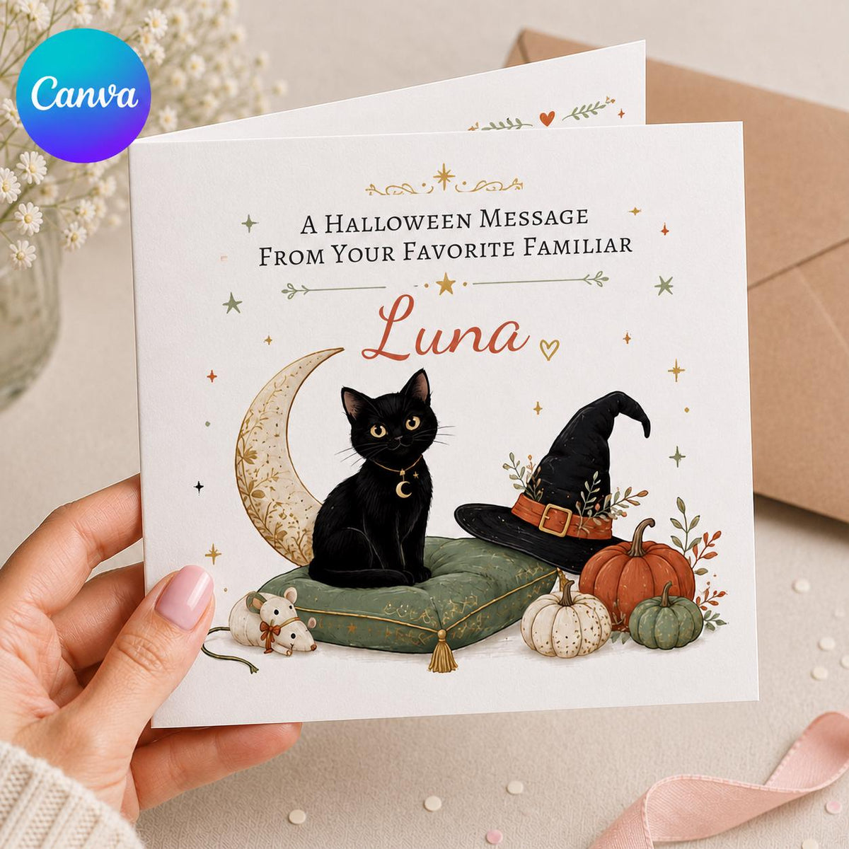 Black Cat Halloween Greeting Card — editable Canva template