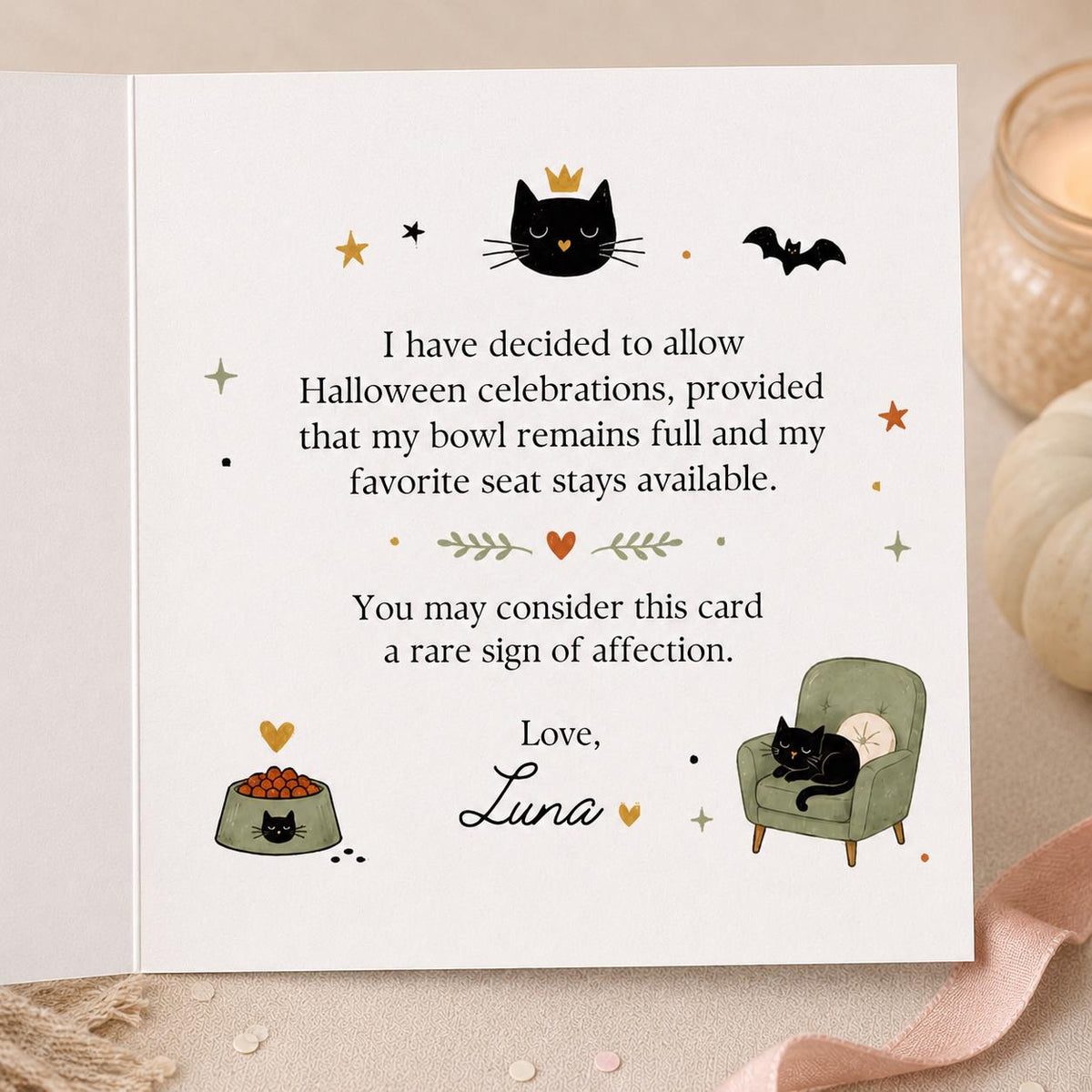Black Cat Halloween Greeting Card — print-ready Halloween party design from VoltBy