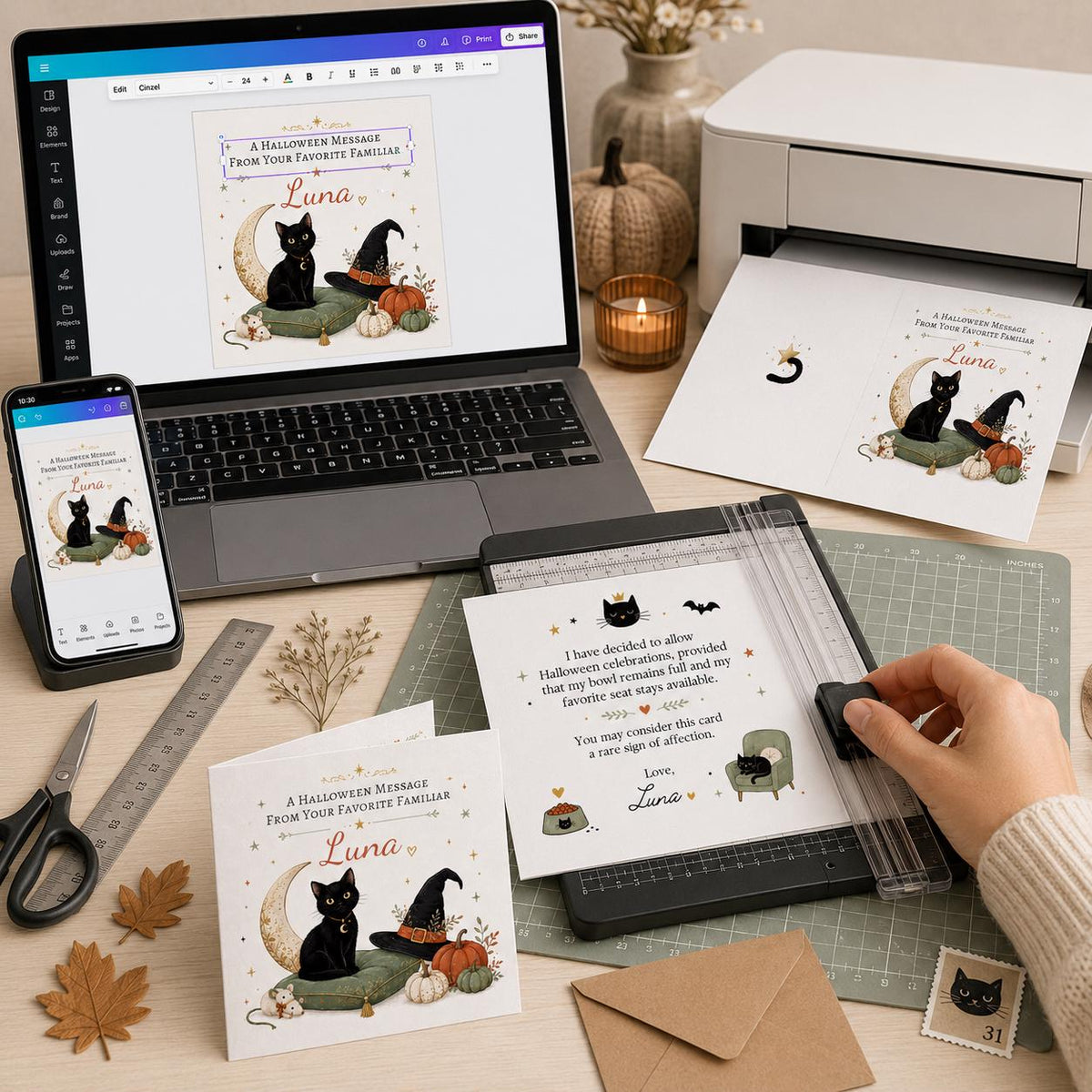 Black Cat Halloween Greeting Card — digital greeting card, instant download