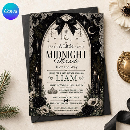 Black Celestial Gothic Baby Shower Invitation — editable Canva template