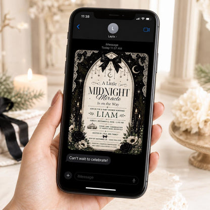 Black Celestial Gothic Baby Shower Invitation — bow design