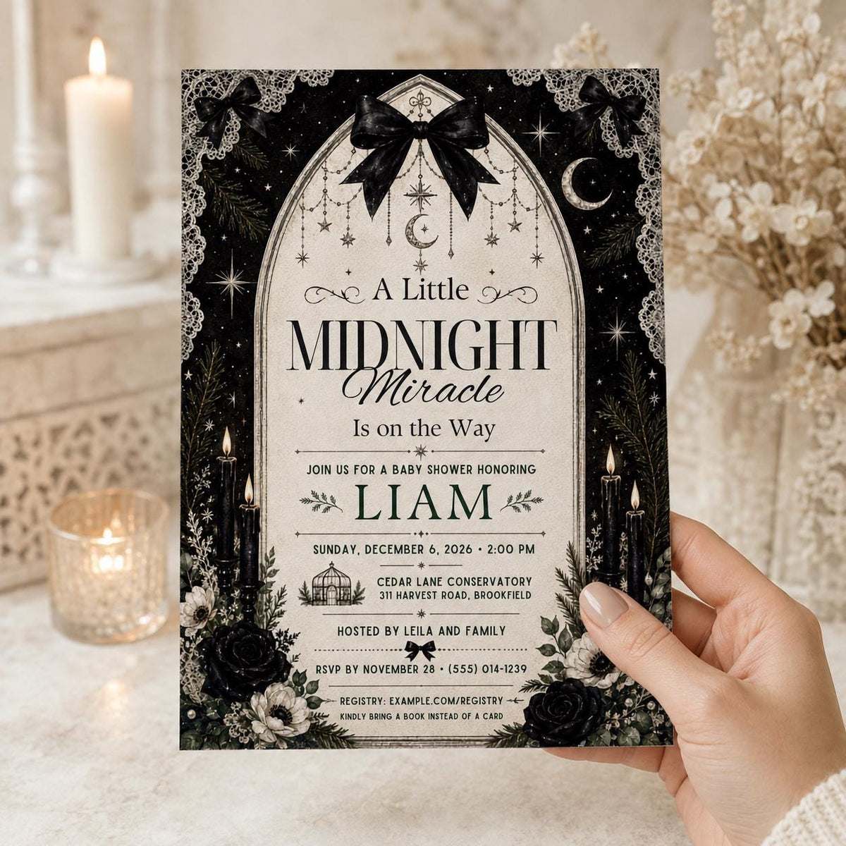 Black Celestial Gothic Baby Shower Invitation — invitation you personalize in Canva
