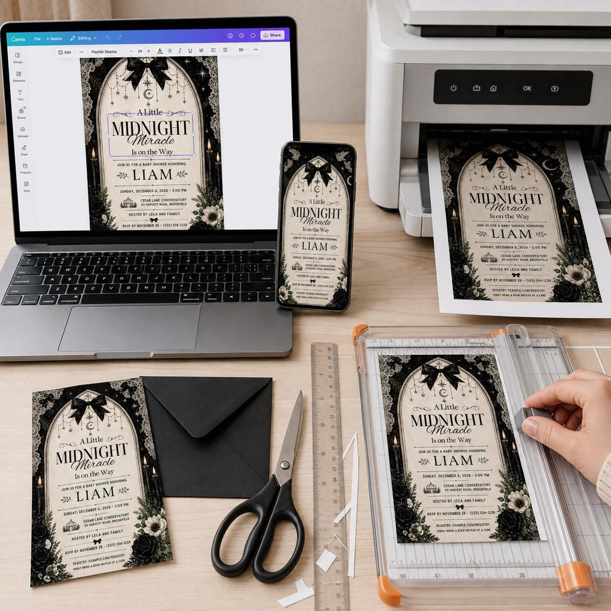 Black Celestial Gothic Baby Shower Invitation — print-ready baby shower design from VoltBy